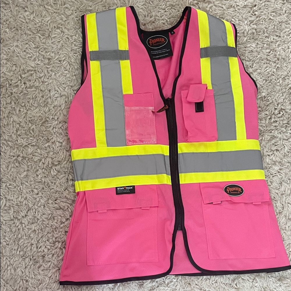 PIONEER Pink Vest with Yellow and Gray Stripes